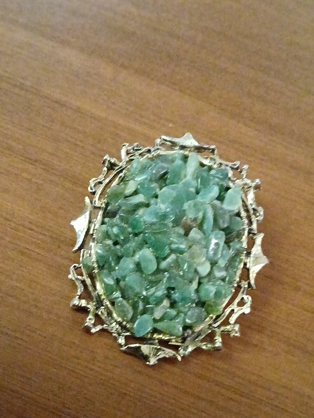 Vintage Gold-Tone Green Crystal Cluster Brooch - 2" Faux Jade Chip